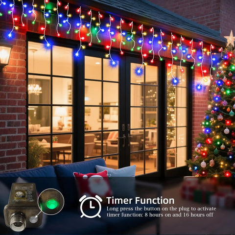 Ultra Bright 1280 LED Christmas String Lights 131 Ft With 240 Drops, multicolor decor on patio door, timer function, tree