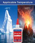 Leather Glue For Purses And Furniture That Delivers Quick Dry Bond In Ten To Thirty Seconds, Clear, Waterproof After Full Cure, High Strength Fix For Leathercraft, Sofas And Bags, Anti Clog Cap, Easy Clean Up in front of icy and volcanic backgrounds showing temperature range.