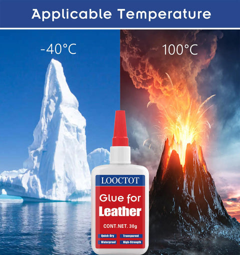 Leather Glue For Purses And Furniture That Delivers Quick Dry Bond In Ten To Thirty Seconds, Clear, Waterproof After Full Cure, High Strength Fix For Leathercraft, Sofas And Bags, Anti Clog Cap, Easy Clean Up in front of icy and volcanic backgrounds showing temperature range.