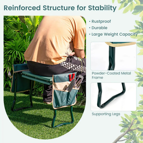 Two In One Garden Kneeler Bench With Large Tool Pouches Grab And Go Foldable Kneeling Pad And Seat With EVA Foam Cushion in use
