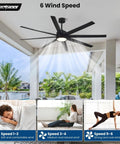 72 Inch Ceiling Fan With Light And Remote For Bedroom Living Room Library Cafe Outdoor Industrial Use 24W 3CCT Dimmable, 8 Blades, Black fan installed in a modern outdoor patio.
