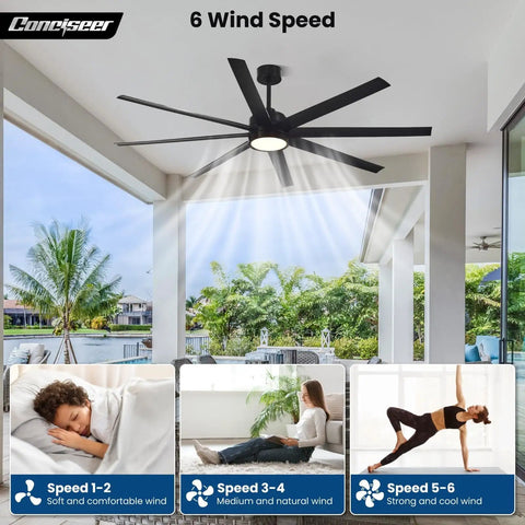 72 Inch Ceiling Fan With Light And Remote For Bedroom Living Room Library Cafe Outdoor Industrial Use 24W 3CCT Dimmable, 8 Blades, Black fan installed in a modern outdoor patio.