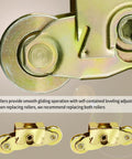 Close-up of a Two Set Gliding Patio Door Tandem Roller Assembly Replaces 1997061 And Is Compatible With 200 Series Perma Shield Narroline And 400 Series Frenchwood Gliding Doors Since 1982 Featuring One And A Quarter Inch Steel Ball Bearing And Side Adjustable in brass finish