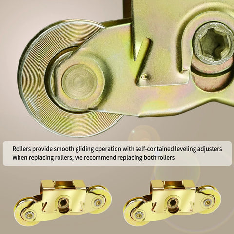 Close-up of a Two Set Gliding Patio Door Tandem Roller Assembly Replaces 1997061 And Is Compatible With 200 Series Perma Shield Narroline And 400 Series Frenchwood Gliding Doors Since 1982 Featuring One And A Quarter Inch Steel Ball Bearing And Side Adjustable in brass finish