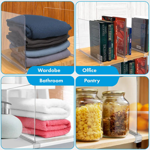 Clear Acrylic Shelf Dividers For Closet Organization, No Fuss 8 Pack Shelf Dividers used in wardrobe, office, bathroom, pantry.