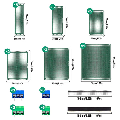 Dope DIY PCB Prototype Kit With 58 Pieces In Six Sizes Double Sided Solder Boards 2.54mm 40 Pin Header Connectors And 5mm KF301 Terminal Blocks
