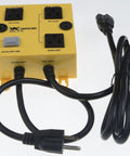 Certified Safe Wall Switch Box Utilizing Legit UL And CSA Ratings For Smooth Auto Off And On Modes Providing Dead Reliable Home Circuit Control And Super Chill Zero Hassle Setup, showing yellow casing with dual outlet and cables.