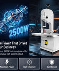 Heavy Duty 2500W Electric Meat Band Saw Commercial Bone Cutting Heavy Hitter With Adjustable Stainless Steel Tabletop shown with motor features.