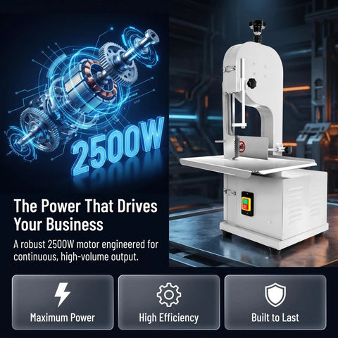 Heavy Duty 2500W Electric Meat Band Saw Commercial Bone Cutting Heavy Hitter With Adjustable Stainless Steel Tabletop shown with motor features.