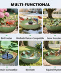 Multi-functional outdoor ceramic bird bath with birds and squirrels, suitable for bird feeder, succulent grower, and fountain.