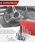 Red case and bolts of Heavy Duty Harmonic Balancer Puller Set 46 Piece Kit For Steering Wheel Pullers And Crankshaft Pulleys And Gears