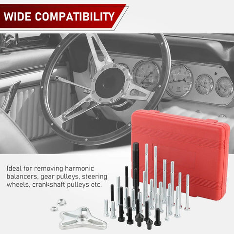 Red case and bolts of Heavy Duty Harmonic Balancer Puller Set 46 Piece Kit For Steering Wheel Pullers And Crankshaft Pulleys And Gears