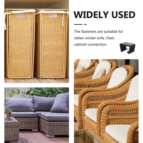 Image showcasing wicker sectional sofa, wicker chairs, and connectors for Outdoor Furniture Clips For Patio Sectionals.