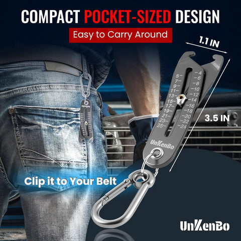 Person with Gen2 Bolt Size Finder Tool Keychain clipped to belt, measuring nuts and bolts SAE 5/32 to 1 inch and metric 4-25 mm.