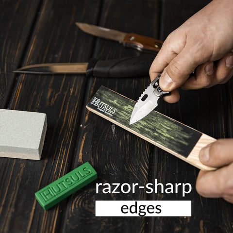 Pocket Knife Strop Kit On The Go Sharpening With Leather Strop and Stropping Compound for Razor Sharp Edges in use