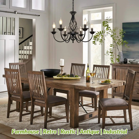 Dining room with Six Light Farmhouse Candle Chandelier For Living Room And Kitchen, Rustic Industrial Pendant Ceiling Light Fixture, vintage decor
