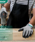 Person using a saw wearing Cut Resistant Gloves With ANSI A2 Rating HPPE And Glass Fiber Blend PU Coated Grippy Hands Touchscreen Friendly Multi Purpose Work Gloves Model C2, size XL.
