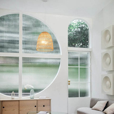 Galen 2-Light Chandelier With Bamboo And Rattan Shade, White Canopy And Cord hanging in modern living room