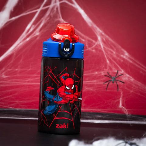 Marvel Spider Man 16 Oz Kids Water Bottle With A Kid Approved Leak Proof Straw And Super Tough Break Resistant Plastic That Hits Different And Stays Dishwasher Safe For Daily Adventures, featuring Spider-Man design and red lid.