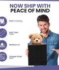 Man holding Black Poly Bubble Mailers 14.50x20 Inch Self Seal Large Padded Envelopes with teddy bear illustration, highlighting features.