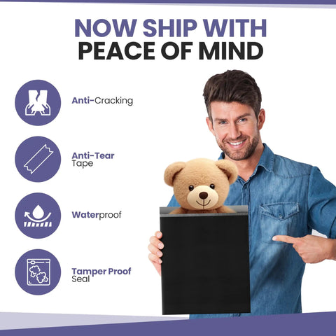 Man holding Black Poly Bubble Mailers 14.50x20 Inch Self Seal Large Padded Envelopes with teddy bear illustration, highlighting features.