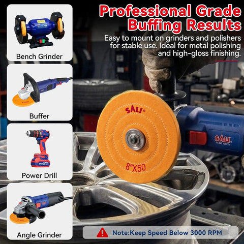 Top Shelf 3 Pack Of 8 Inch Polishing Wheels For Bench Grinders Featuring Heavy Duty 50 Ply Cotton Buffing Pads in use on a wheel.