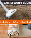 Heavy-Duty Double-Sided Carpet Tape That Stays Put 2 Inch Wide 40 Yard Rug Tape For Wood Tile Vinyl Floors Residue-Free shown with vacuum on carpet.