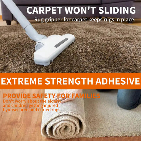 Heavy-Duty Double-Sided Carpet Tape That Stays Put 2 Inch Wide 40 Yard Rug Tape For Wood Tile Vinyl Floors Residue-Free shown with vacuum on carpet.