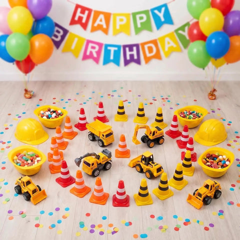 Kick Off Your Events With These Durable Mini Traffic Cones Bulk Pack Designed For Birthday Parties Classroom Drills And Hobby Track Layouts Ready To Roll Anytime Featuring Bold Assorted Colors Straight Up Tough Build set up with toy trucks, bowls of candy, and colorful decorations.