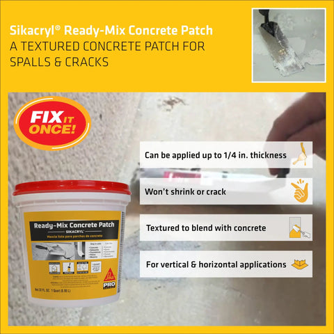 Container of Ready To Use Textured Concrete Patch In Gray 1 Qt Pack Of 6 Acrylic Based Repair Mix for cracks and spalls shown with trowel application and features.