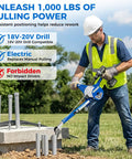 Electrician using Drill Powered Wire Tugger For One-Man Job, 1000 Lb Peak Pulling Force, outdoors with conduit pipes