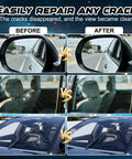 Before and after use of Two Pack Windshield Crack Repair Kit For Chips And Cracks, DIY Glass Repair Solution, Quick Fix shown on car windows.