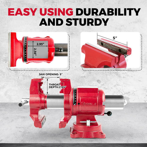 5 Inch Upgraded 360 Degree Positioning Bench Vise With 8800 Lb Clamp, Heavy Duty Ductile Iron Body, 60000 PSI Strength, Blue Powder Coat Finish, Zinc Plated Spare Parts, Precise Jaw And Rock Solid Grip showing jaw opening and throat depth