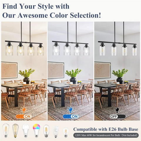 32 Inch 4 Light Matte Black Bar Light With Rustic Farmhouse Charm For Kitchen Island And Dining Room Ceiling Hanging Lamp That Hits Different, displayed in three styles over a dining table.