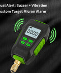 Front view of Super Stars digital micron vacuum gauge for automotive HVAC, 1/4 in SAE, green-black housing.