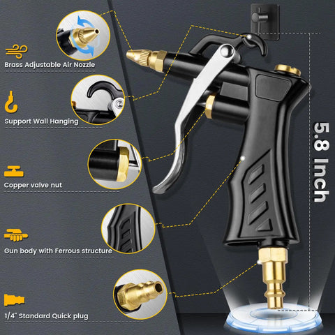 Black pneumatic tool with brass adjustable air nozzle, copper valve nut, and 1/4 inch quick plug shown with dimensions Go-To High Volume Air Blow Gun.