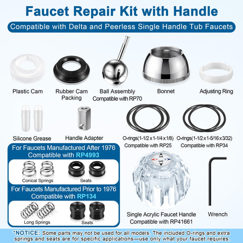 Faucet Repair Kit With Handle For Delta And Peerless RP44123 Includes Ball Assembly Seats Springs Cam Cap Adjusting Ring