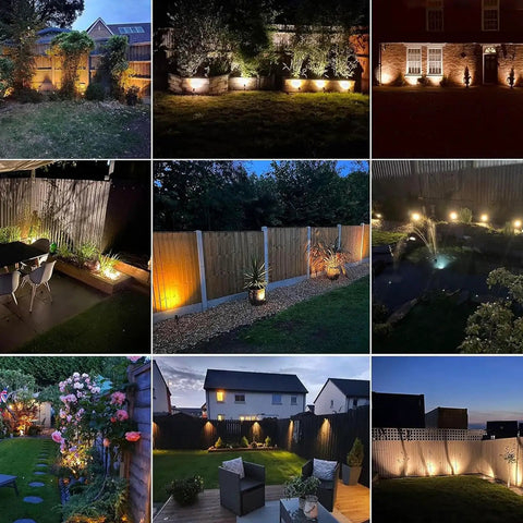 Collage of illuminated gardens using 12V LED Outdoor Landscape Spotlight Kit With Plug In Waterproof Transformer Easy Install In Minutes Warm White Garden Path Lights For Yard Tree Flag Lawn Decor.