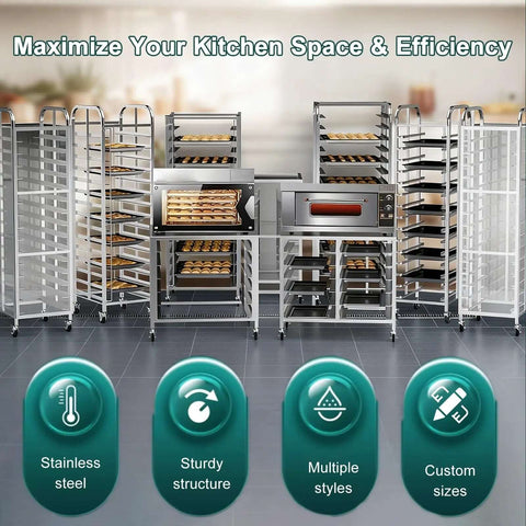 8-Tier Stainless Steel Bakery Cooling Rack On Wheels With Brakes, 16 Cm Spacing, for Baking Trays and Loaf Pans in a kitchen setup