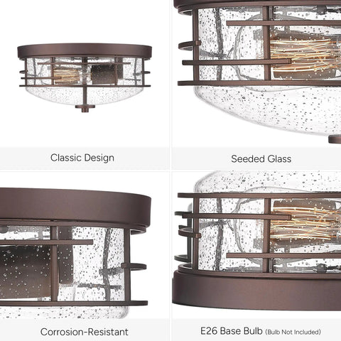 Oil Rubbed Bronze 2 Light Flush Mount Ceiling Light With Seeded Glass Industrial Close To Ceiling Fixture detailed close-up