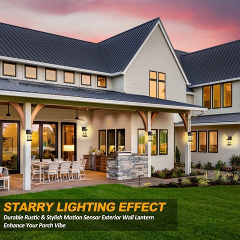 Two Pack Motion Sensor Outdoor Lights Dusk To Dawn Oil Rubbed Bronze Porch Lights illuminate large modern house front.