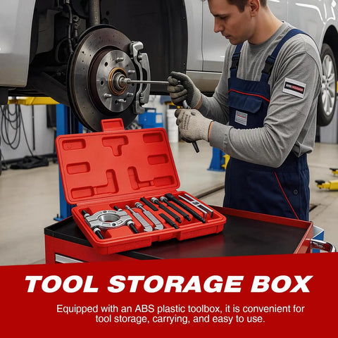 Mechanic using Heavy Duty Bearing Separator And Puller Kit 9 Piece Wheel Bearing Removal Tools Set With Portable ABS Case