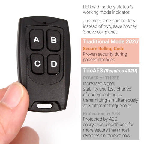 Hand holding transmitter of Secure Wireless RF Remote Control Relay Switch Kit With 2 Channel Receiver And 2 Transmitters