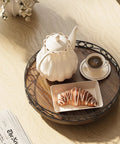 9 Inch Lazy Susan Turntable Organizer For Tabletop And Cabinet Round Rustic Wooden Tray with tea set and croissant