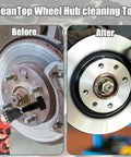 Side by side comparison of rusted wheel hub before and after using Wheel Hub Cleaning Tool Kit Includes Wheel Stud Cleaner And Hub Resurfacing Kit With Eight Pads For Quick Rust Removal Fits One Half Inch Wrenches Or Power Drill Automotive Maintenance