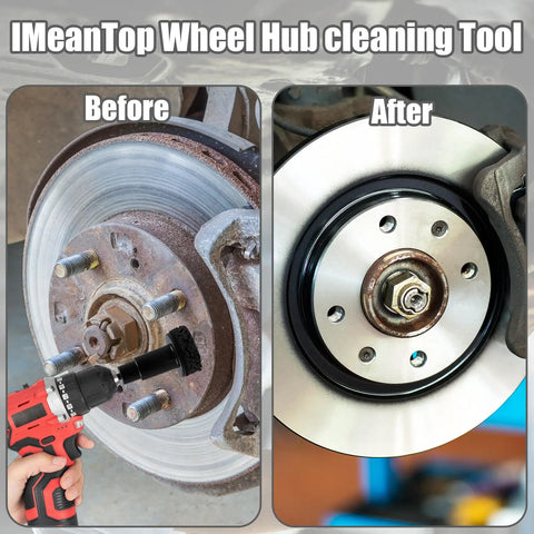 Side by side comparison of rusted wheel hub before and after using Wheel Hub Cleaning Tool Kit Includes Wheel Stud Cleaner And Hub Resurfacing Kit With Eight Pads For Quick Rust Removal Fits One Half Inch Wrenches Or Power Drill Automotive Maintenance