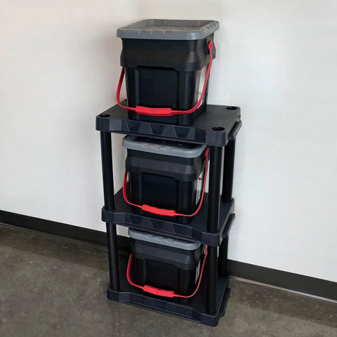 Rock Solid Black 3 Tier Plastic Storage Shelving Unit Badass Heavy Duty Free Standing Rack supporting 50 Lbs per tier with black storage bins