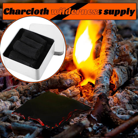 Char Cloth Fire Starter Refills For Bushcraft And Outdoor Survival Eight Rolls Quick Ignite In 0.5 To 3 Seconds Hand Made Emergency Fire Starter For Camping Hunting And Outdoors Prepper Favorite, tin with char cloth and flame on wood