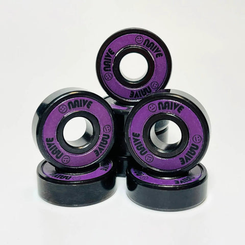 Skateboard Bearings 8mm 8 Pack Pro Grade ABEC 608 Set For Longboards Cruisers Surfskates Inline Skates Quad Roller Skates All Skates Fit 8x22x7mm Neon Purple arranged in a pyramid on white background