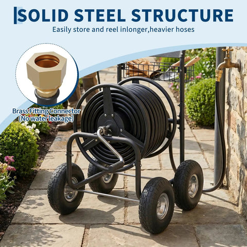 Solid steel Grab And Go Mobile Garden Hose Reel Cart With Wheels Holds Up To 300 Feet Of Five Eighth Inch Hose